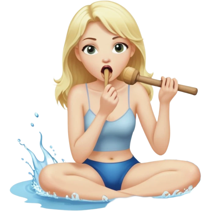 blond woman sitting on her knees, biting a wide stick with a D-shaped knob, both the same color as her skin, the knob has visible skin texture, water jet shooting from the flat side of the knob into her mouth, surprised look emoji