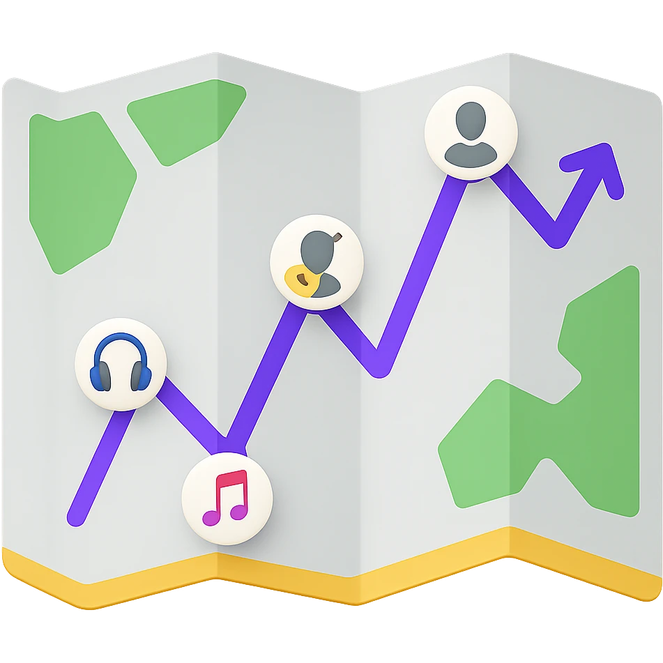 Create a modern, clean paper map emoji in the style of Apple emojis. The map should be slightly folded or open, showing a fresh, colorful digital roadmap inside with a purple path and icons visible. The map is designed for musicians, not a city map, and should not have an antique or parchment look. No text, just the visual roadmap as the main feature. Transparent background. emoji