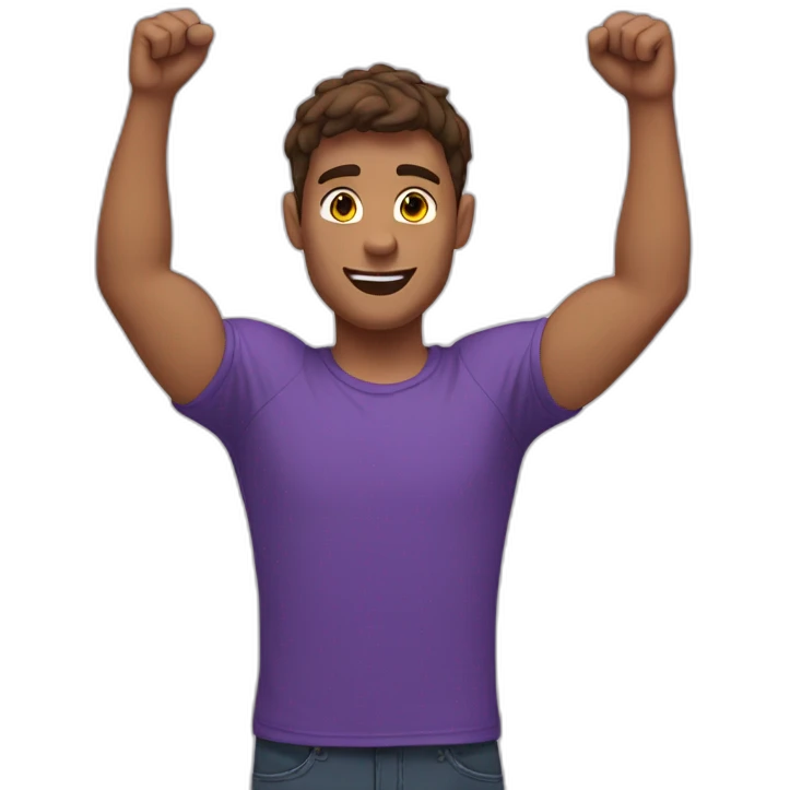 young french man, arms up, brown hair, purple t-shirt emoji