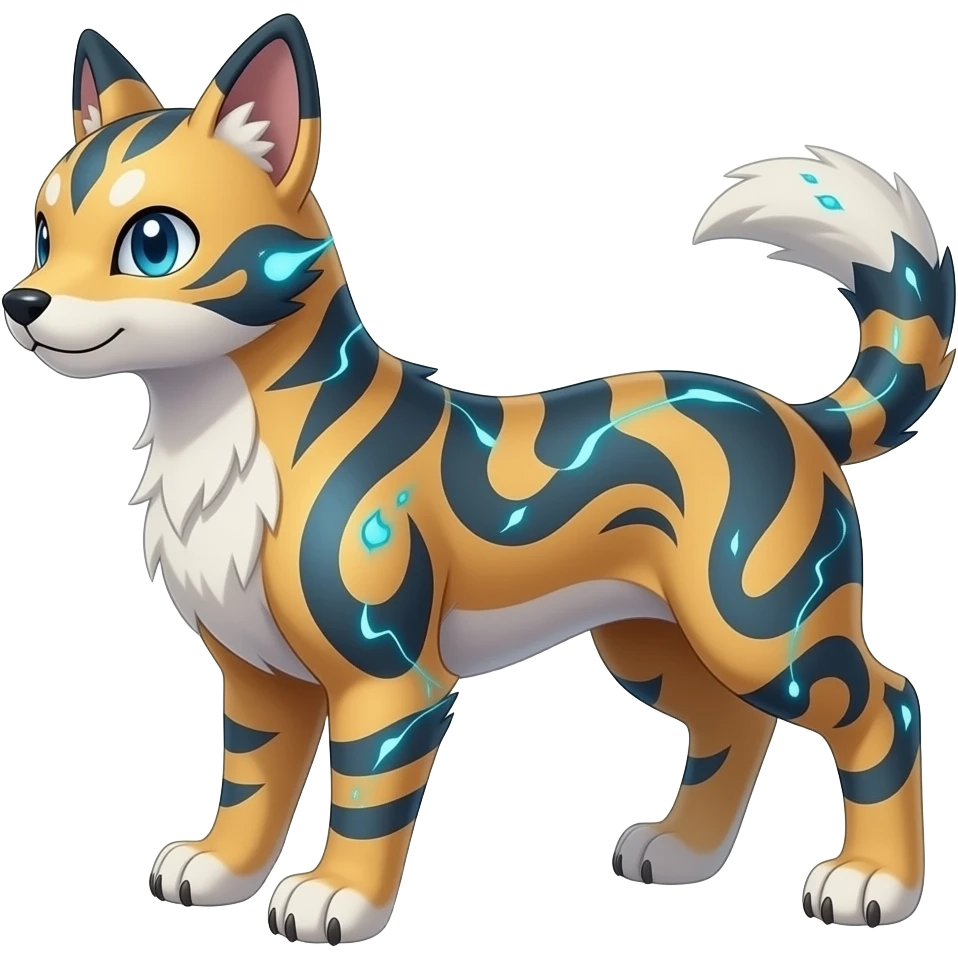 Digitigrade elemental realistic pretty elegant sleek shiny patterned quadrupedal Randomly patterned Shinx-Pyroar-Houndour-Arcanine-Electrike-animal-hybrid, full body, short fluffy tuft nub-tail emoji