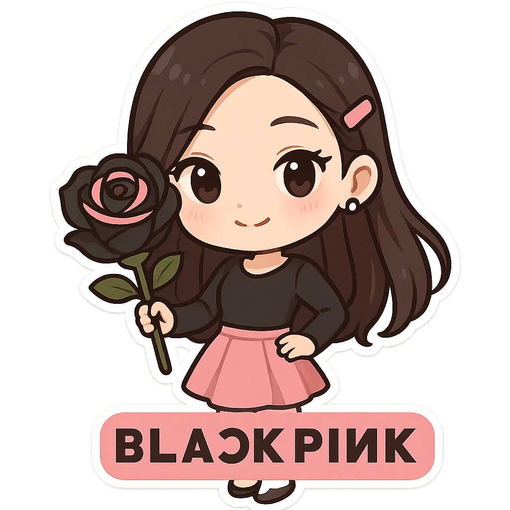 BLACKPINK-inspired chibi sticker, black and pink rose, sweet and stylish, chibi style emoji