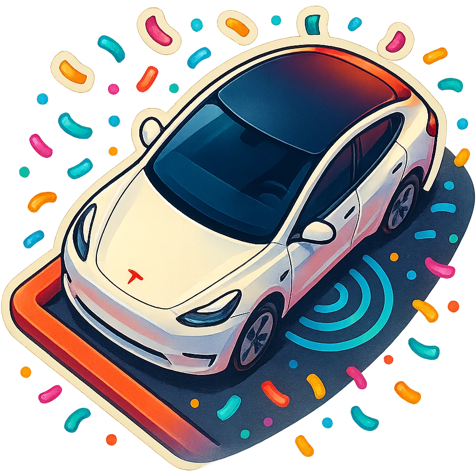 A Tesla Model Y parallel parking at a curb, from above, with confetti emoji
