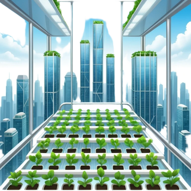 Vertical farm inside a towering skyscraper, with various crops growing in a hydroponic system under LED lights, viewed through a large window overlooking a futuristic city. emoji