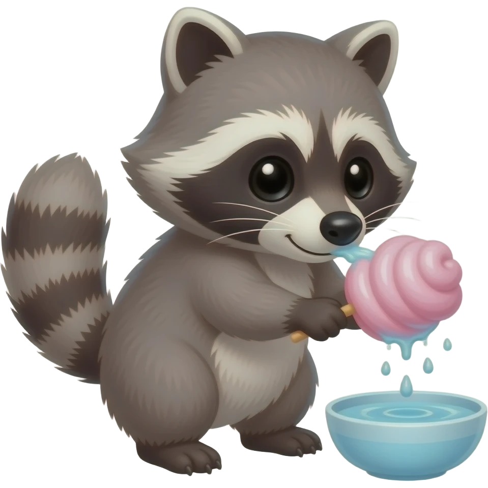 A cute raccoon dipping a pink cotton candy into a small bowl of water, washing motion, emoji style. emoji