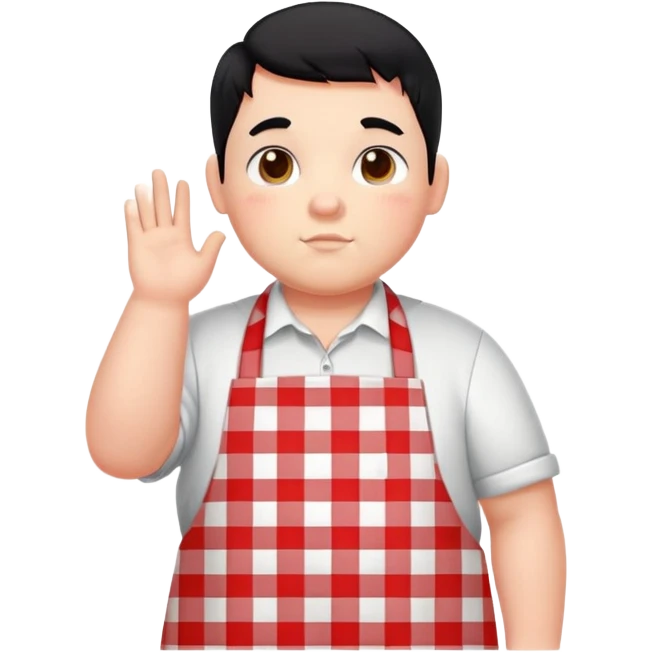 chubby boy with black hair styled upward in front, wearing a red and white checkered plaid apron emoji