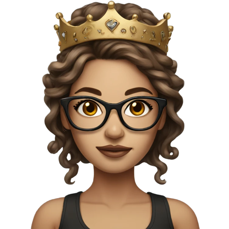 Hyperrealistic beautiful  girl, wearing a crown and glasses with tattoos, with long brown hair  emoji