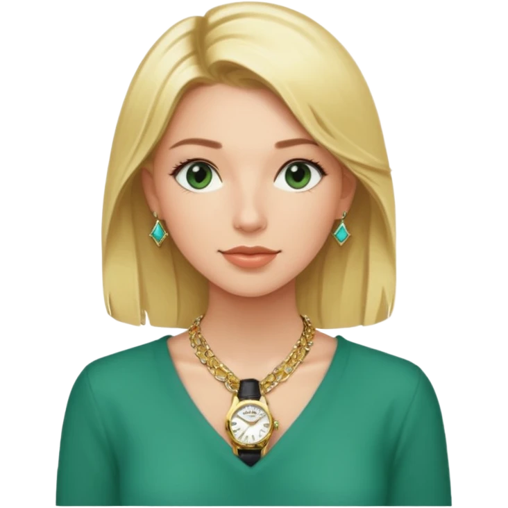 Breitling green faced watch on blonde girl wrist with gold necklace from a Tiffany and gold bracelets emoji