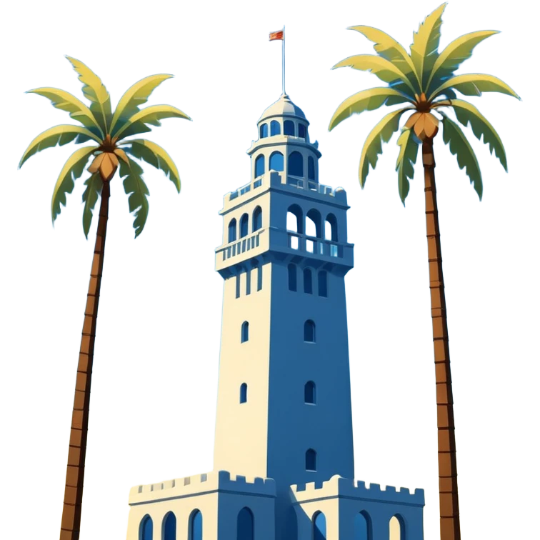 California Tower in San Diego, iconic silhouette, blue sky, palm trees emoji