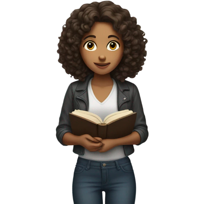 brunette curl mid length hair brown woman looking down at a book cozy aesthetic emoji