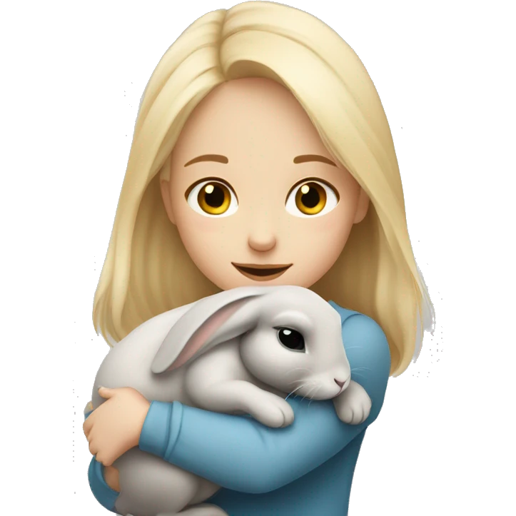 Blonde hair girl cuddling a cute grey rabbit emoji