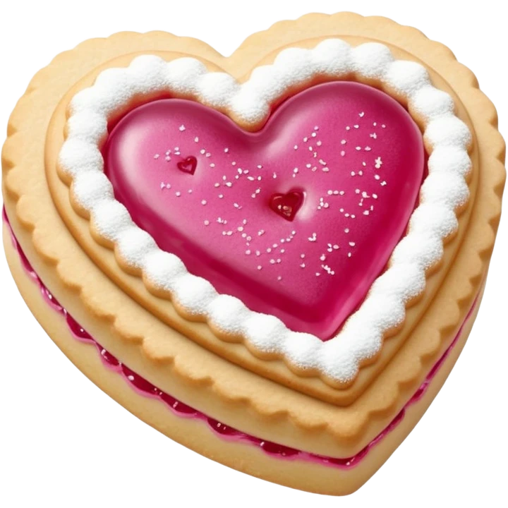 Realistic shortbread cookie in the shape of a heart with pink jelly middle filling and sprinkled powder sugar on top. emoji