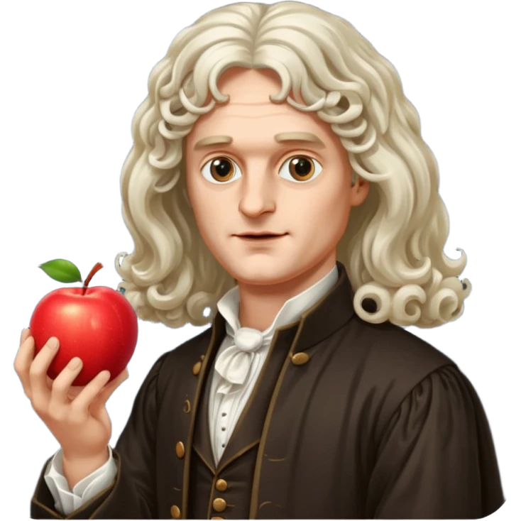 Isaac Newton wearing aristocratic attire with long curled periwig, hold an apple emoji
