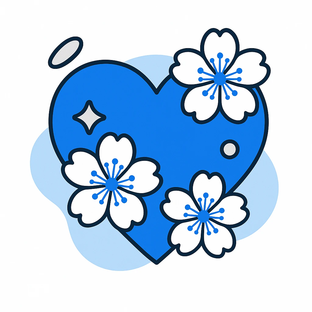heart with sakura flowers and silver accents, blue blob style emoji