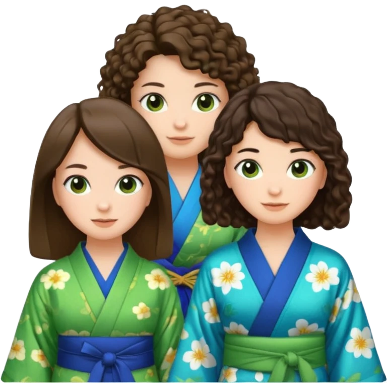 Two girls eating, one brunette with straight hair and another brunette with curly hair, emoji style, first girl has a blue kimono and the second girl has a green kimono emoji