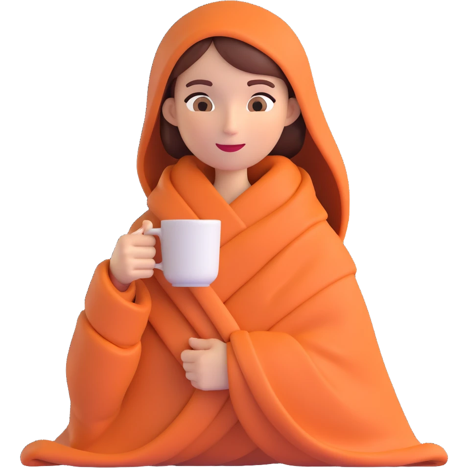 A woman wrapped in a blanket holding a cup of coffee emoji
