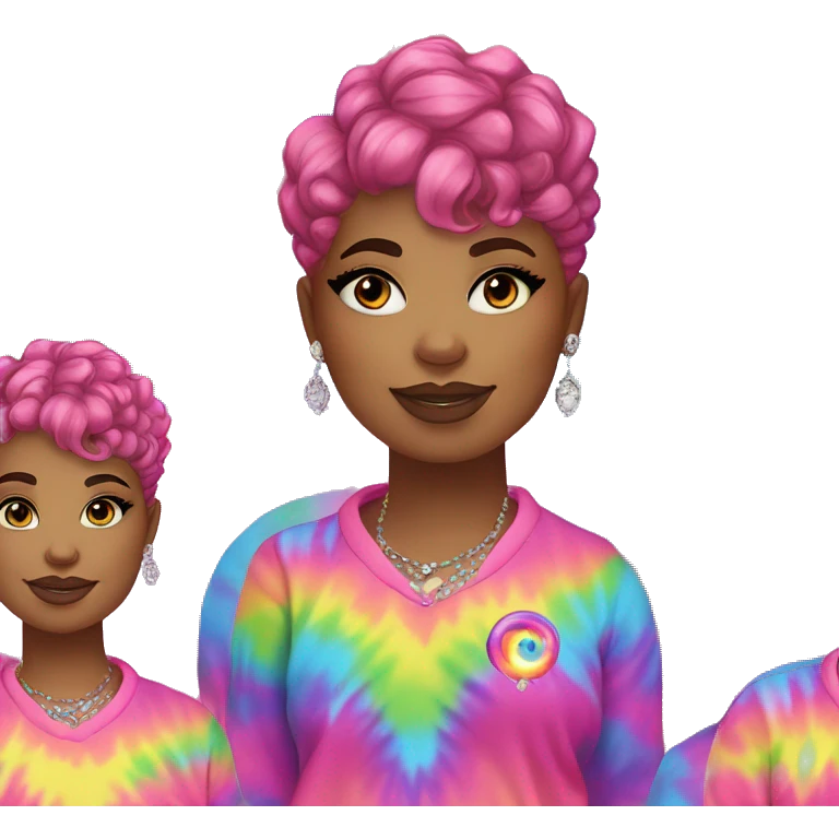 Plus size black woman with pink curly pixie cut hair and a rainbow tie dye sweater , and diamond stud earrings  emoji