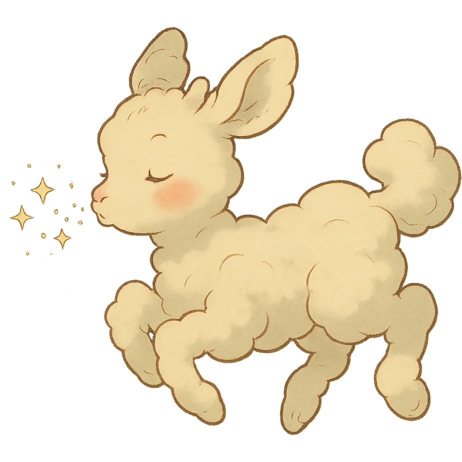 vanilla-colored cloud doe, floating with rosy cheeks and blowing sparkles, ghibli style emoji