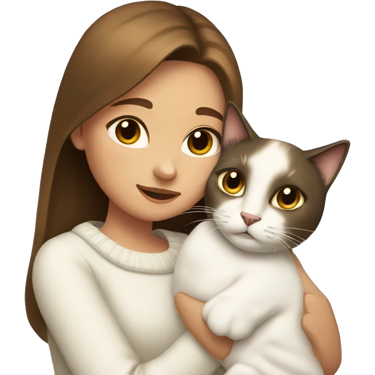 a girl with long brown hair, in a white sweater, hugs a Siamese cat. emoji