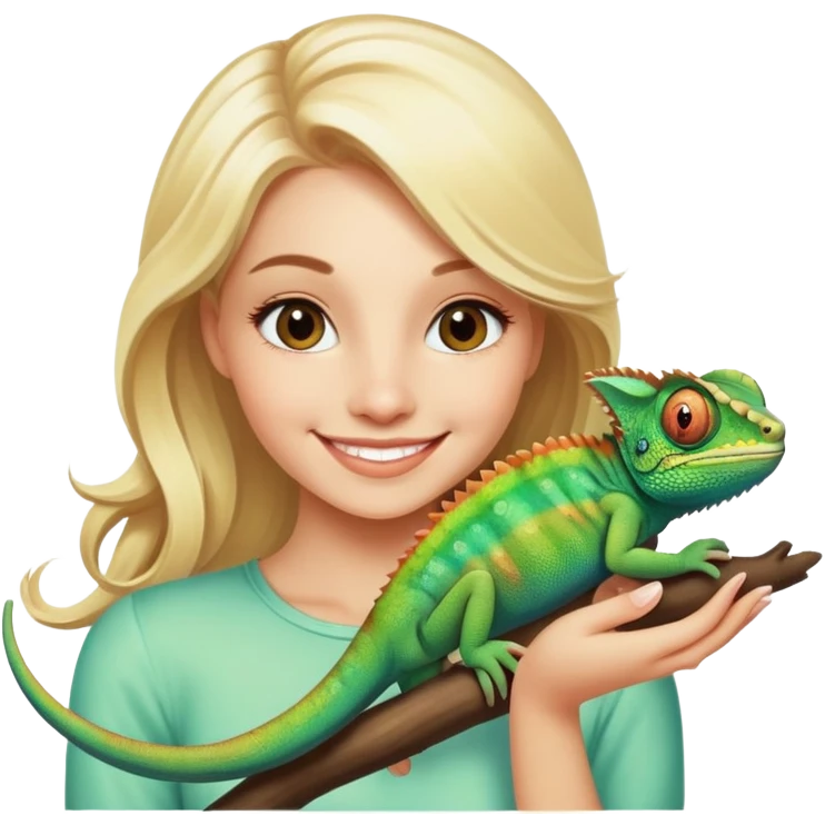 smiling blonde beauty portrait, with chameleon emoji