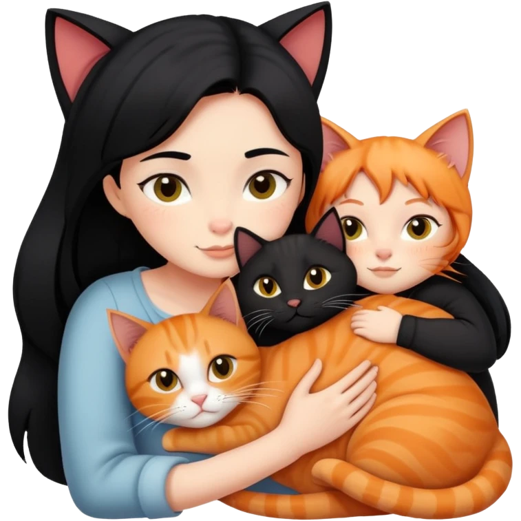 A black-haired girl hugs a ginger cat and A black cat emoji
