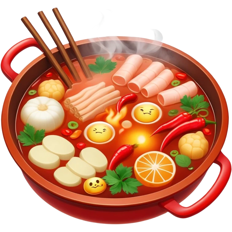 Chinese hot pot, bubbling red spicy broth with variety of ingredients, emoji style emoji