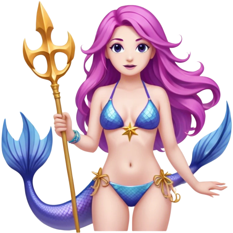 Yellow-toned upper body and a blue fish tail. She has long, flowing pink and purple hair adorned with a blue starfish accessory. She wears a light-colored seashell bikini top and holds a golden trident in one hand. Her expression is confident and friendly. The background is transparent emoji