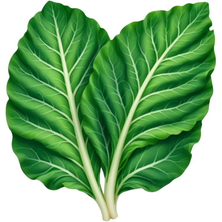 single chard leaf with broad vibrant green blades and thick white rib running down the center, slightly crinkled matte texture, natural curves, visible veins, no bunch soil or extras, soft lighting, subtle shadows, emoji scale emoji