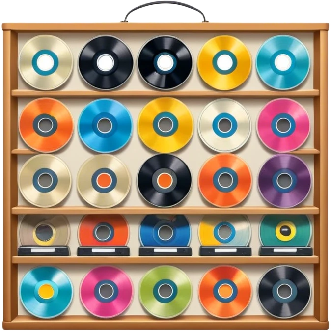 Icon for Vinyl Record Collecting: colorful vinyl records in decorative packaging featuring artist images, neatly arranged on a wall or shelf. The icon should reflect the aesthetic and artistic aspect of collecting vinyl records. Transparent background. emoji