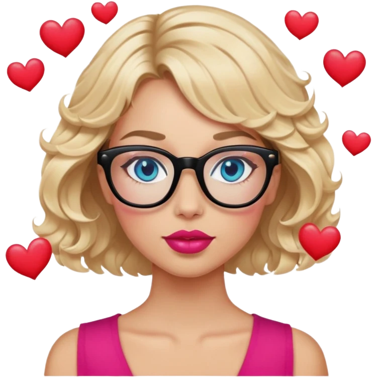 Blonde woman, short wavy hair, blue eyes and pink lips wearing black glasses, in love with read hearts floating above her emoji
