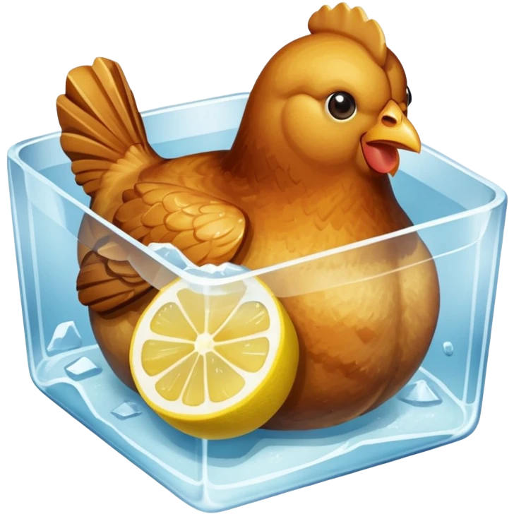 a baked chicken dish with lemon wedges in a large ice cube emoji
