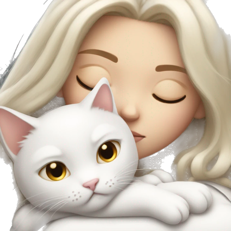 White kitty sleeping on brunette white girl's lap emoji