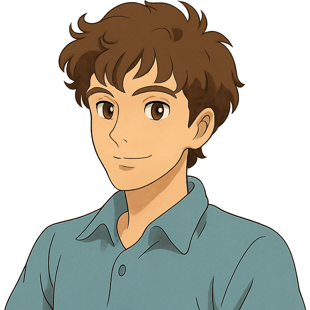 ghibli style good looking young adult boy with brown curly hair and brown eyes emoji