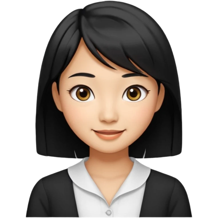 30 yr old asian woman center parted hair big eyes big smile tanned skin straight black hair hippie part hair white blouse shoulder length hair middle parted hair few short bangs at front emoji