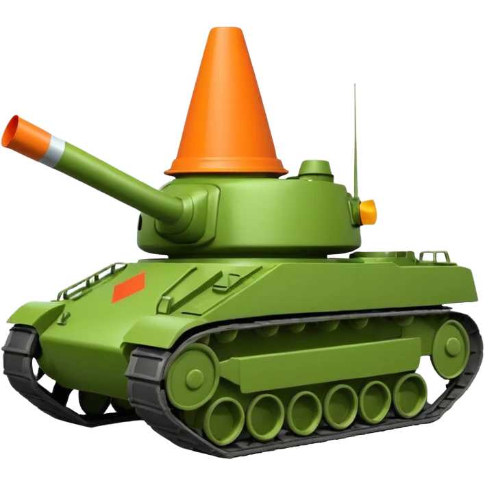 green military tank with a traffic cone with a face flattened under its treads, emoji style emoji