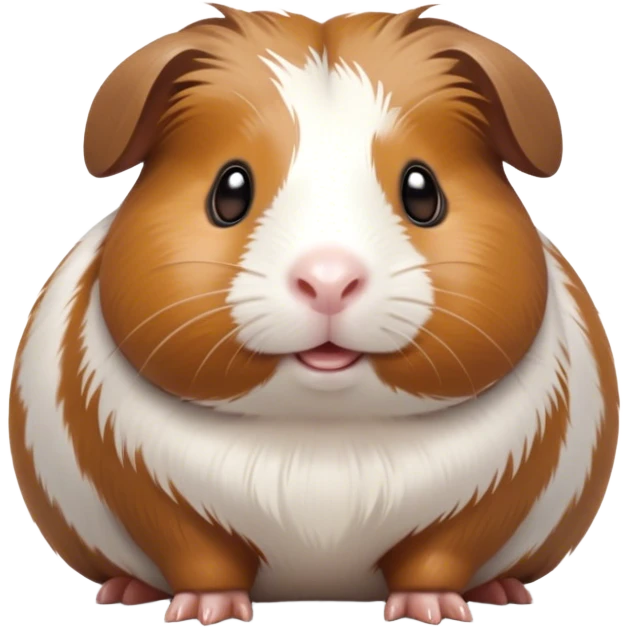 Cinematic Cute Brown and White Banded Guinea Pig Portrait Emoji, Head tilted playfully and inquisitively, showcasing a fluffy coat with playful brown and white banded patterns, round, sparkling dark eyes filled with curiosity, Simplified yet irresistibly adorable features, highly detailed, glowing with a warm, friendly glow, high shine, affectionate and spirited, stylized with a touch of whimsy, bright and endearing, soft glowing outline, capturing the essence of a mischievous yet loving guinea pig, so playful it feels like it could dash out of the screen and into your arms! emoji