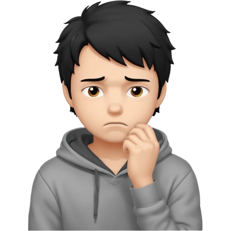 generate a pretty bratz fair skinned boy with messy black hair in a grey hoodie looking sad and bored with hand on chin. Make him muscled emoji