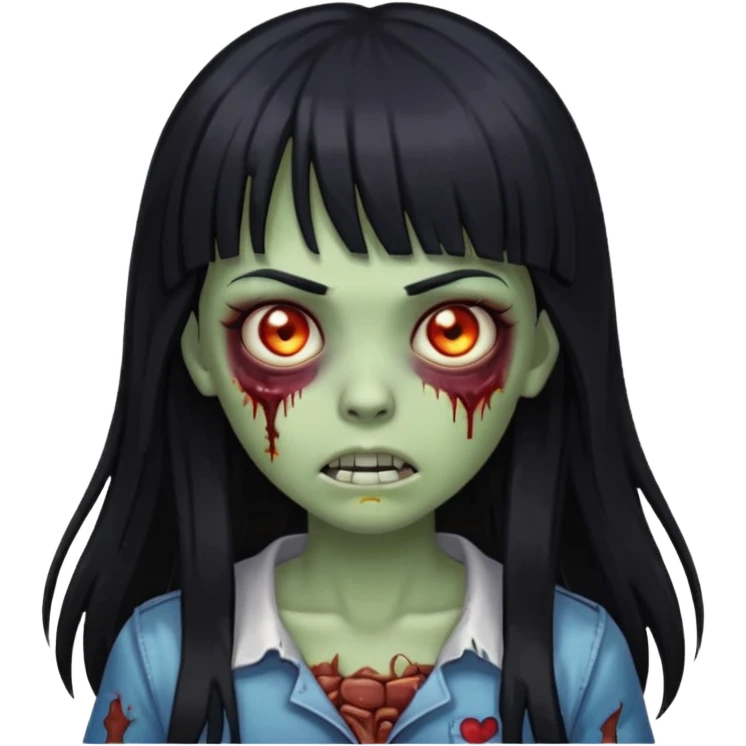 zombie girl with long black hair, bangs, and glowing eyes emoji