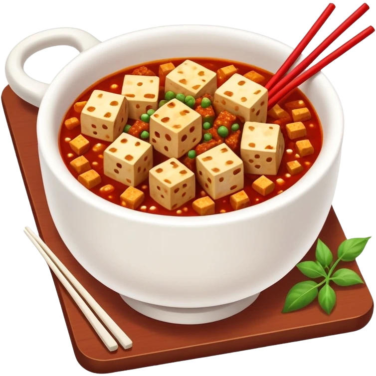 Mapo Tofu spicy red with tofu cubes and minced meat, simplified emoji style with bold outlines and bright colors, cartoon style Sichuan famous dish emoji