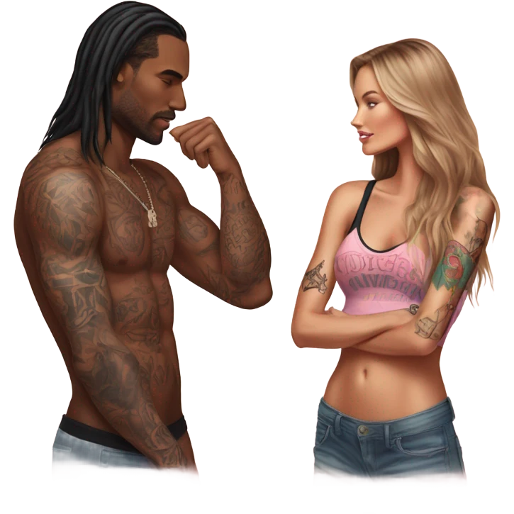 Photo of Victoria secret model having a serious conversation with a tattooed male model  emoji