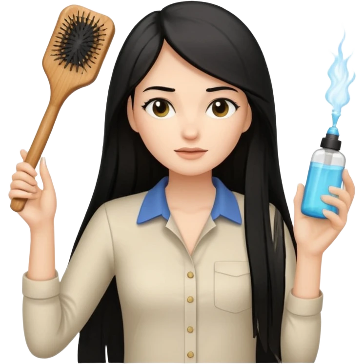A white woman with long, straight black hair, wearing an ivory-colored shirt, holding a small square wooden paddle hairbrush in her left hand and spraying a hair mist bottle with her right hand toward her hair. emoji