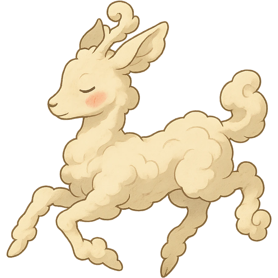 vanilla cloud doe with rosy cheeks, floating gracefully with witchy elegance, Ghibli style emoji