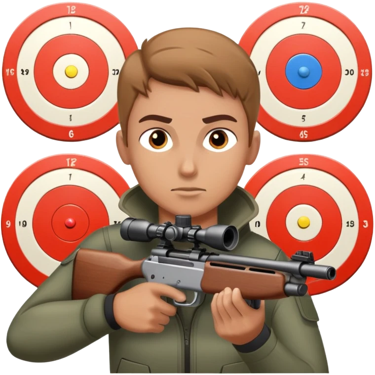 An athlete in shooting stance, focused on the target, holding a precision rifle. The background features a shooting range with targets set at various distances, highlighting control, concentration, and accuracy in the sport of competitive shooting. emoji