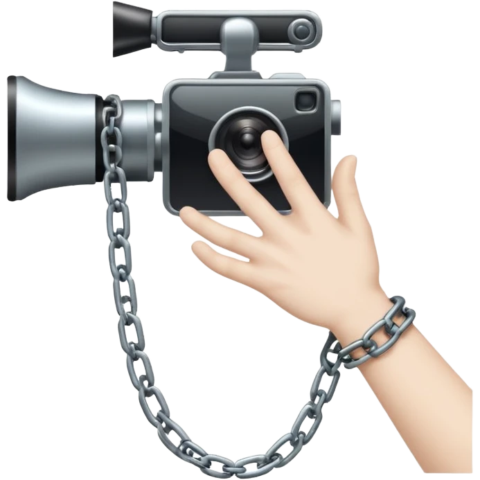 Minimalist emoji-style sticker of a human hand bound by a chain leading to a video camera. Icon-like, clean silhouette, muted tones. emoji