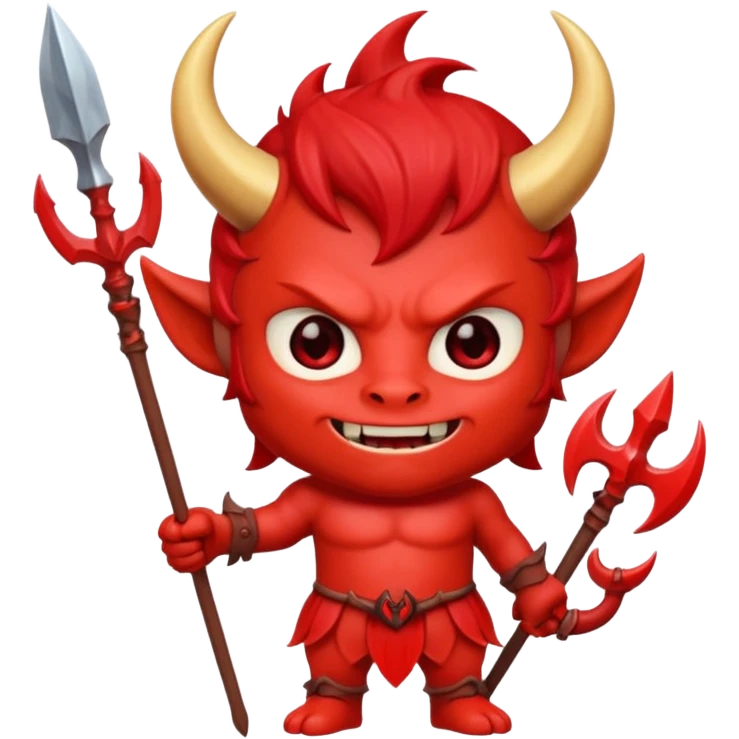 a Red devil, short horn Chibi red demon hold a trident emoji