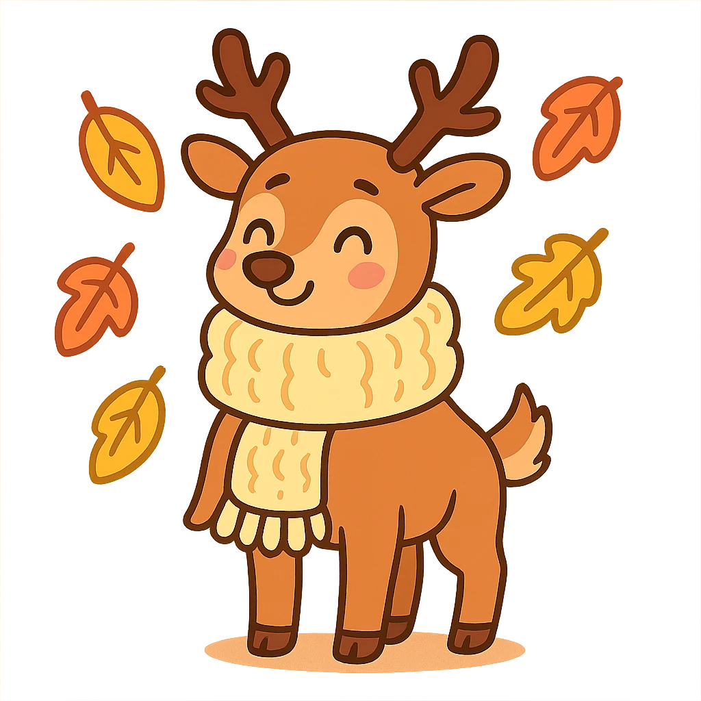 deer in a wooly scarf among falling leaves, cozy fall palette, pastel-toon style emoji