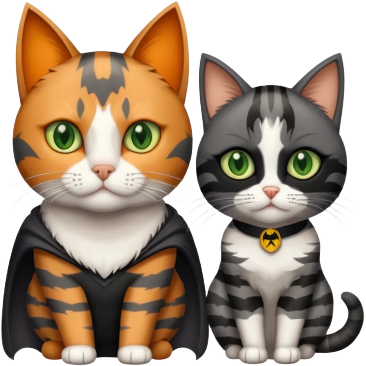 A grey tabby cat with dark grey stripes and green eyes sitting next to a calico cat with orange eyes, calico cat has dark fur around her eye almost like a Batman mask emoji