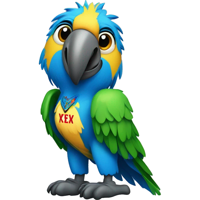 blue macaw with a shirt with "fexei" written emoji