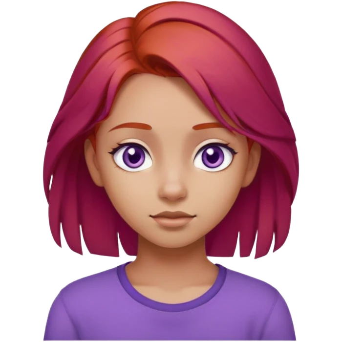 A girl with red hair, purple eyes, and a wheatish complexion looks like a teenager.Her hair is soft and reaches her shoulders.  emoji
