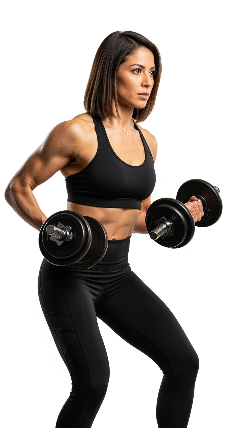 donna fitness in forma con manubri da palestra in mano, isolata su sfondo bianco emoji