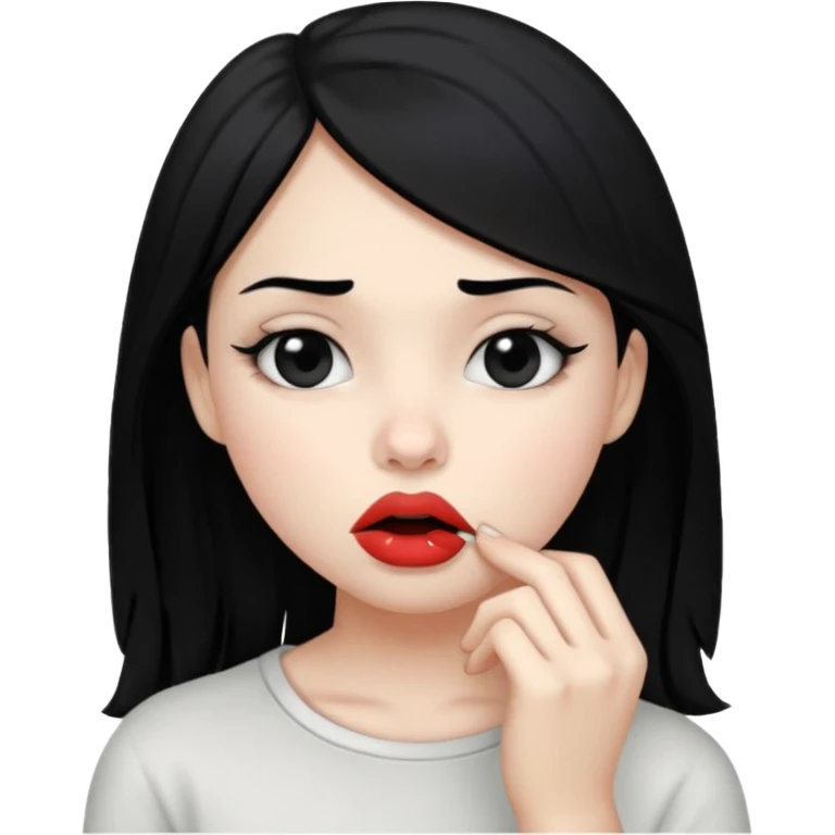 Девушка с белой кожей, чёрными глазами и чёрными волосами прикусывает нижную губу emoji